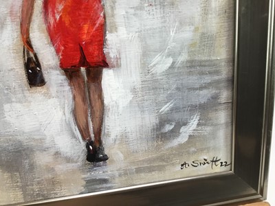 Lot 3 - Anna Swift (Contemporary) oil on canvas - 'Lady with Umbrella’, signed titled and dated '22, 24cm x 19cm, framed.
