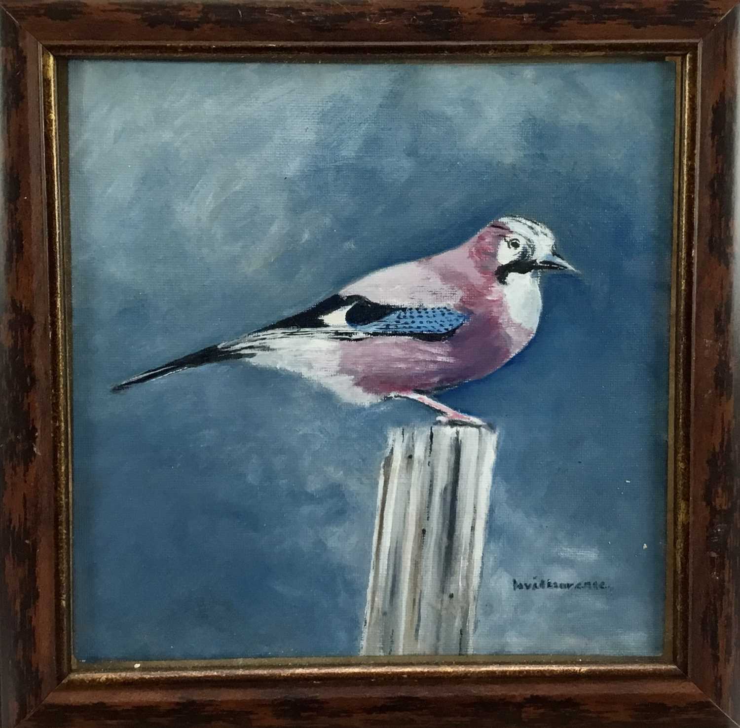 Lot 29 - David Lawrence, oil on artist board - A magpie on a post, signed, 20cm x 20cm.