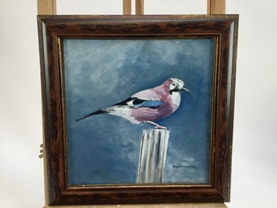 Lot 29 - David Lawrence, oil on artist board - A magpie on a post, signed, 20cm x 20cm.