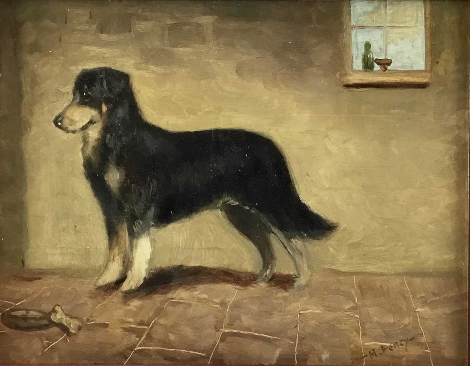 Lot 30 - Henry Percy, oil on board - A dog with a bone in a stable, signed, 17cm x 22cm, framed