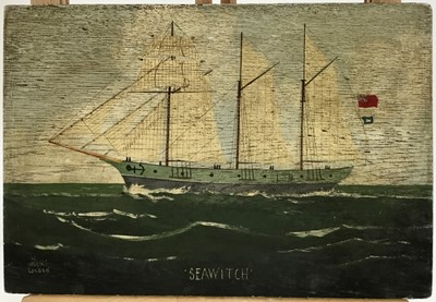 Lot 27 - W Higgins, oil on oak panel- ‘Seawitch’, a three masted ship at sea, signed, 19cm x 29cm