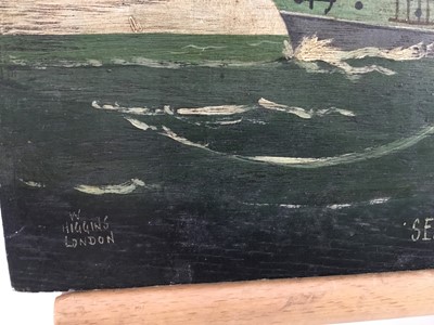 Lot 27 - W Higgins, oil on oak panel- ‘Seawitch’, a three masted ship at sea, signed, 19cm x 29cm