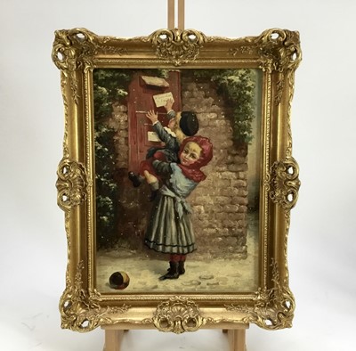 Lot 25 - Charles Hunter, mid 20th Century, oil on canvas - children posting a letter to Uncle Jack, signed, 39cm x 29cm, framed.