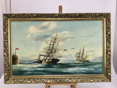Lot 31 - Peter Whittock, oil on canvas - A ship and tug at harbour entrance, signed, 45cm x 75cm, framed