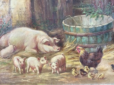 Lot 28 - H.T. Hunt circa 1900, oil on canvas - A farmyard scene with piglets, 19cm x 25cm, framed