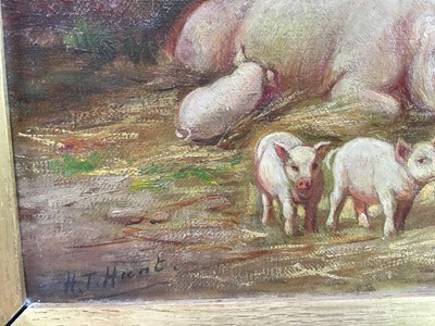 Lot 28 - H.T. Hunt circa 1900, oil on canvas - A farmyard scene with piglets, 19cm x 25cm, framed