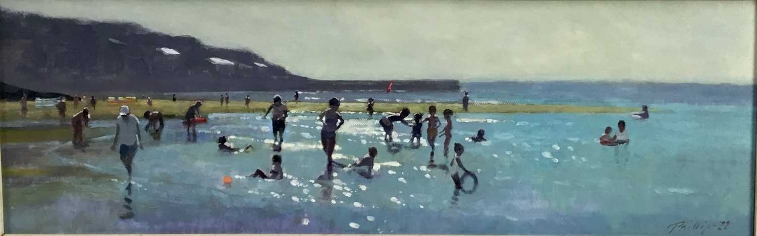 Lot 2 - Z Phillips (Contemporary) oil on canvas - An extensive beach scene on a sunny day, signed and dated '22, 59cm x 19cm, framed