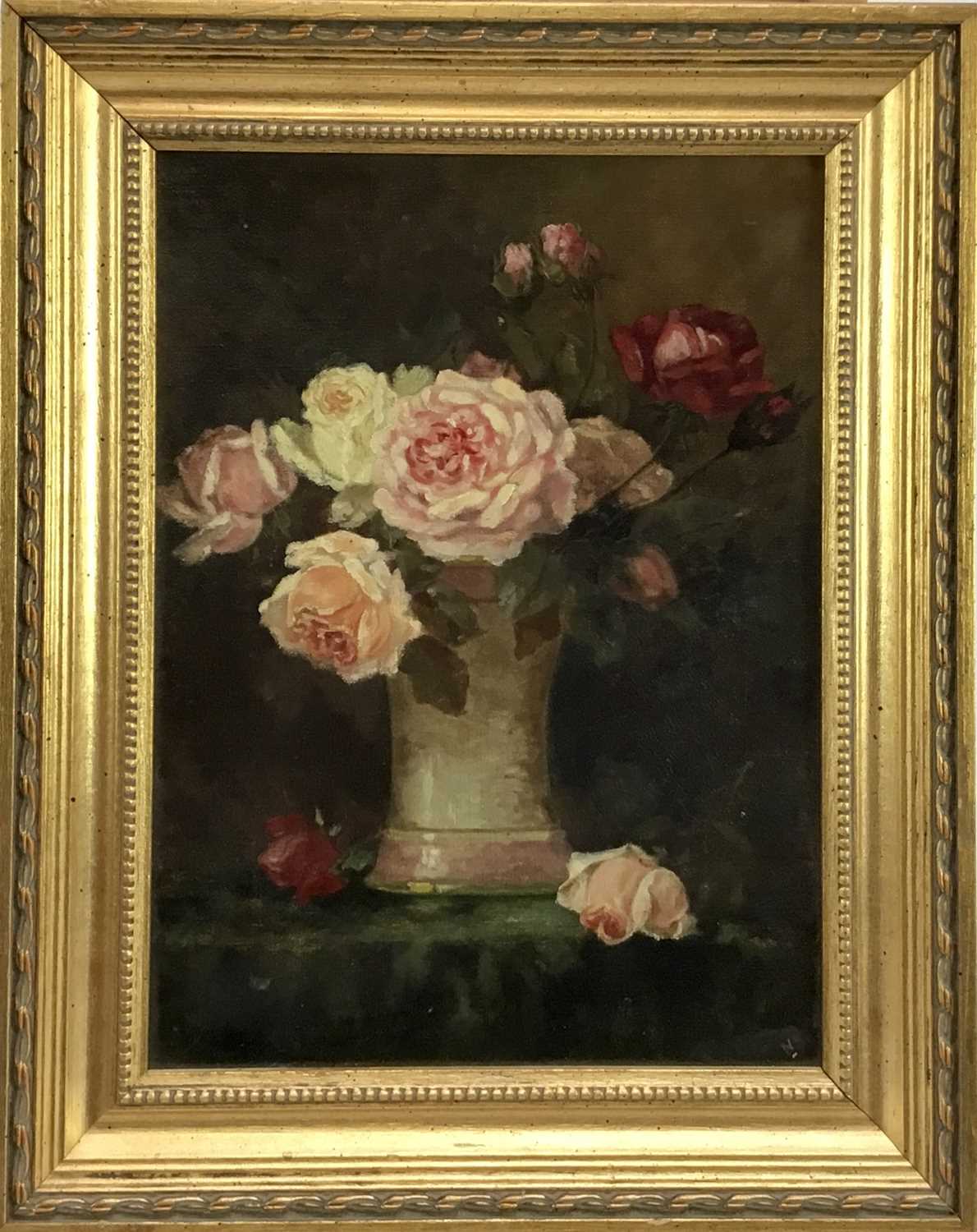 Lot 26 - English School early 20th Century, oil on canvas - Roses in a vase, 29cm x 21cm, framed