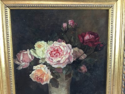 Lot 26 - English School early 20th Century, oil on canvas - Roses in a vase, 29cm x 21cm, framed