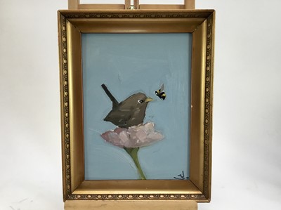 Lot 32 - Vivek Mandalia, oil on artist board - A wren on a flower and a bee, 
signed, 29cm x 21cm, framed