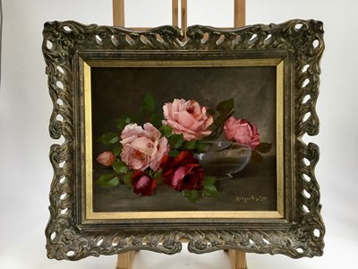 Lot 22 - Carl Holger Fischer (1885 - 1955) oil on canvas - A still life of roses in a bowl, signed, 28cm x35cm, framed.