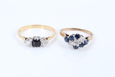 Lot 467 - Diamond and sapphire three stone ring in 18ct gold setting and a diamond and sapphire cluster ring in 9ct gold setting (2)