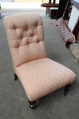 Lot 91 - Victorian nursing chair with buttoned pink upholstery on turned front legs, 53cm wide, 70cm deep approx, 79cm high