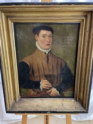 Lot 1194 - German School, mid 16th century, oil on panel - portrait of a Nobleman, titled and dated 1553. 55.5cm x 42cm, framed.