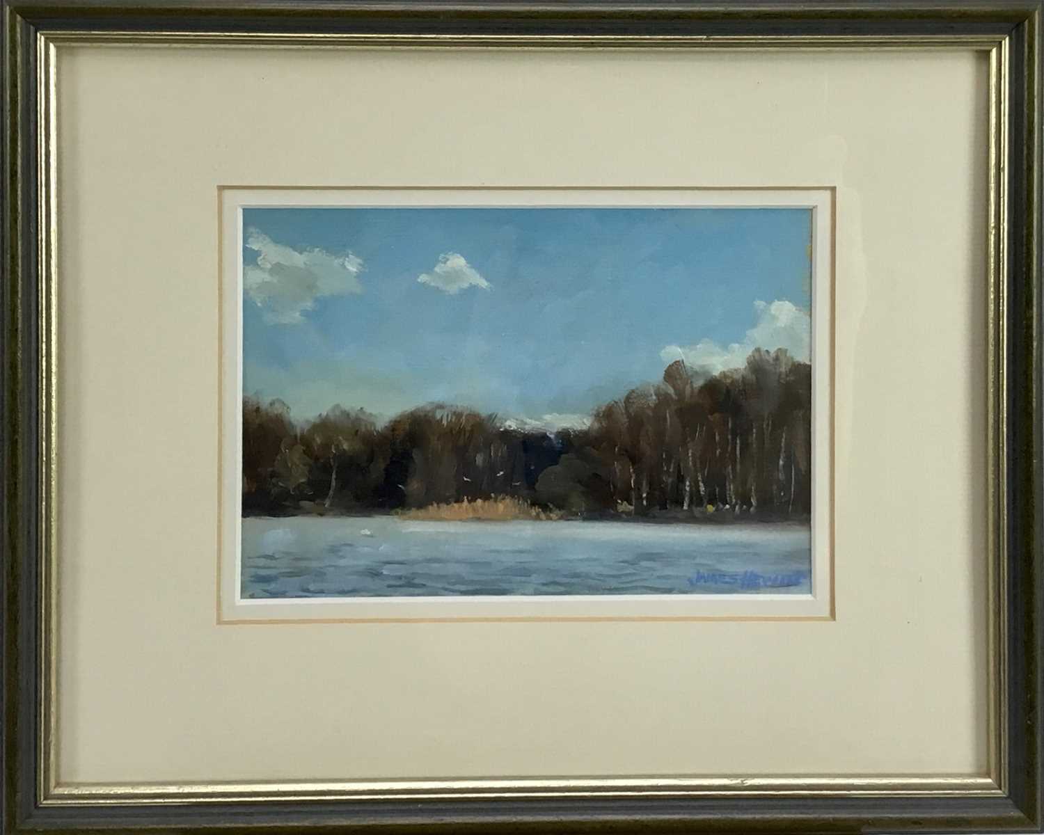 Lot 15 - James Hewitt (b. 1934) oil on card - 'A March Breeze, Great Totham’, signed, 22cm x 15cm, in glazed frame