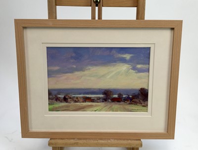 Lot 16 - James Hewitt (b. 1934) oil on card - 'November Landscape', signed, titled verso, 28cm x 18cm, in glazed frame