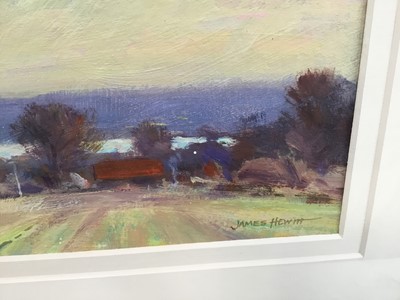 Lot 16 - James Hewitt (b. 1934) oil on card - 'November Landscape', signed, titled verso, 28cm x 18cm, in glazed frame