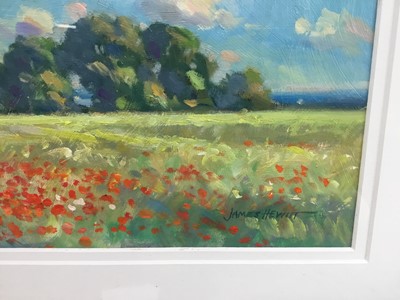 Lot 17 - James Hewitt (b. 1934) oil on card - 'Poppies in a June Landscape' Great Braxted, signed, in glazed frame.