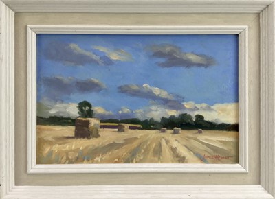 Lot 20 - James Hewitt (b. 1934) oil on board - 'Harvest Time, Gt. Braxted’, signed, framed
