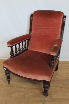 Lot 111 - Victorian mahogany framed gentleman's chair with pink upholstery, together with a matching ladies chair (2)