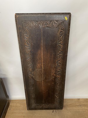 Lot 122 - Late Victorian carved oak monks bench, 108cm wide, 45cm deep, 72cm high