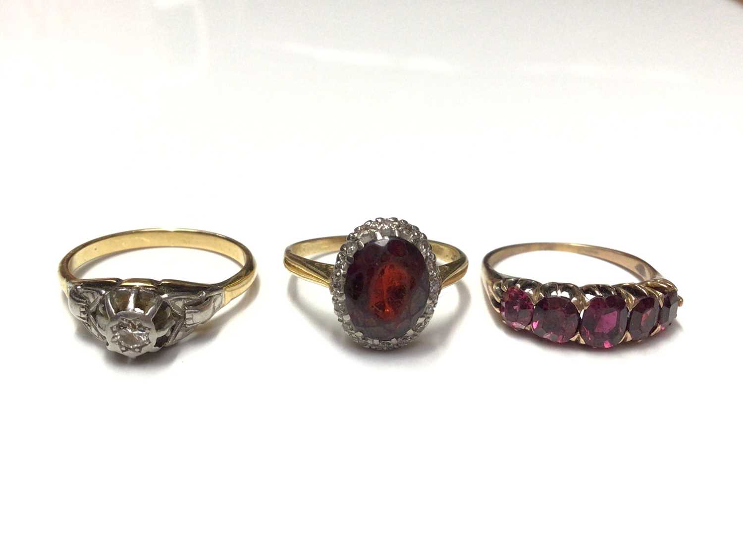 Lot 55 - 18ct gold diamond ring, 18ct gold garnet and diamond cluster ring and Edwardian garnet five stone ring
