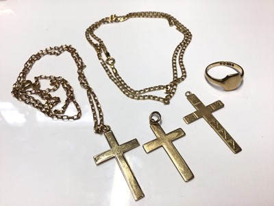 Lot 56 - Three 9ct gold cross pendants, two 9ct gold chains and 9ct gold signet ring