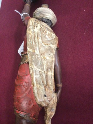 Lot 947 - Pair of 19th century cold painted spelter figural candlesticks, in the form of Africa and America