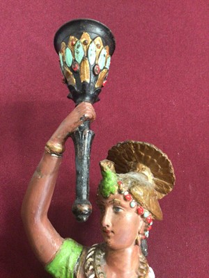 Lot 947 - Pair of 19th century cold painted spelter figural candlesticks, in the form of Africa and America