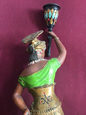 Lot 947 - Pair of 19th century cold painted spelter figural candlesticks, in the form of Africa and America
