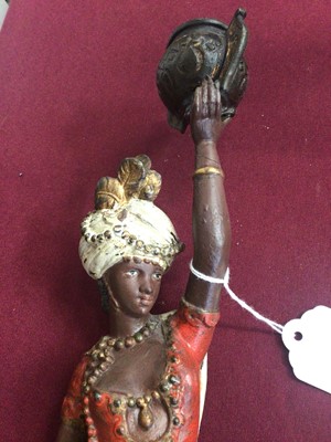 Lot 947 - Pair of 19th century cold painted spelter figural candlesticks, in the form of Africa and America