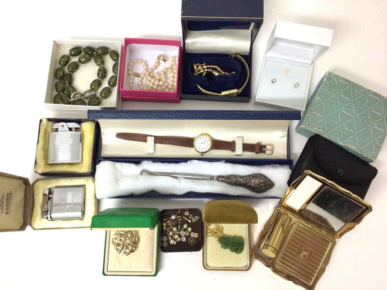 Lot 62 - Group vintage costume jewellery, wristwatches, two Ronson lighters, silver handled button hook and Stratton lipstick/ powder compact