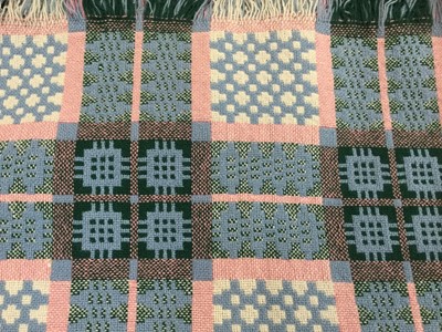 Lot 2102 - Vintage welsh woven wool blanket in pink and blue.  170 x 240 cms approximately