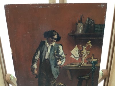 Lot 34 - Seidel ? Oil on panel - portrait of a silversmith in his workshop, indistinctly signed, 16cm x 22cm