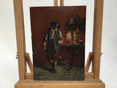 Lot 34 - Seidel ? Oil on panel - portrait of a silversmith in his workshop, indistinctly signed, 16cm x 22cm