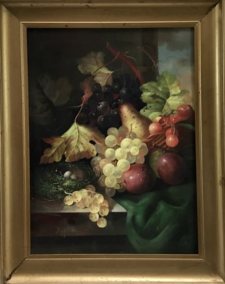 Lot 38 - After Edward Ladell oil on board - still life with fruit, signed A. Jemin?, 29cm x 39cm