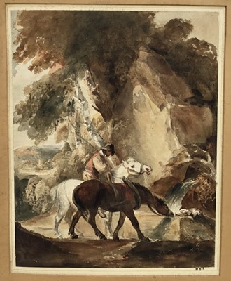 Lot 37 - Follower of Thomas Gainsborough watercolour - farmer watering horses, inscription verso dated 1843