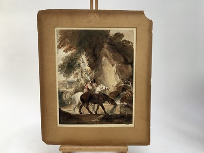 Lot 37 - Follower of Thomas Gainsborough watercolour - farmer watering horses, inscription verso dated 1843