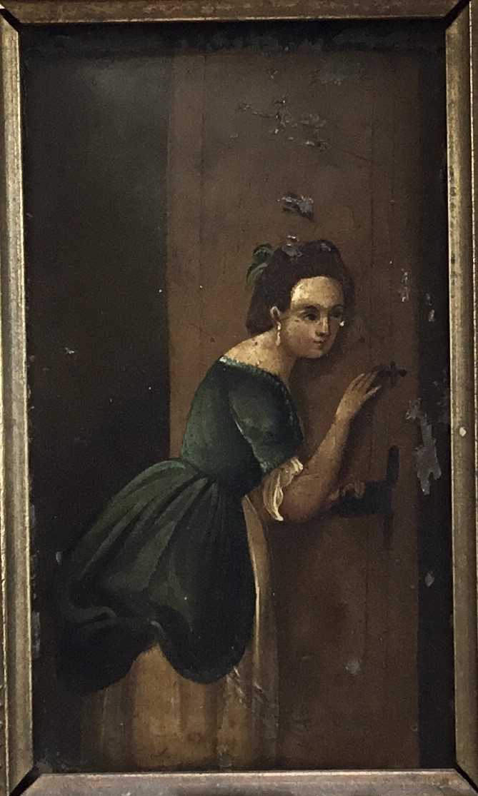 Lot 39 - Continental school 19th century oil on metal - portrait of a lady at a door, 7cm x 12cm, framed