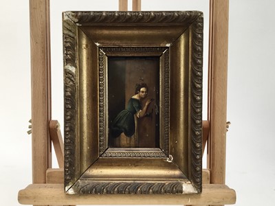 Lot 39 - Continental school 19th century oil on metal - portrait of a lady at a door, 7cm x 12cm, framed