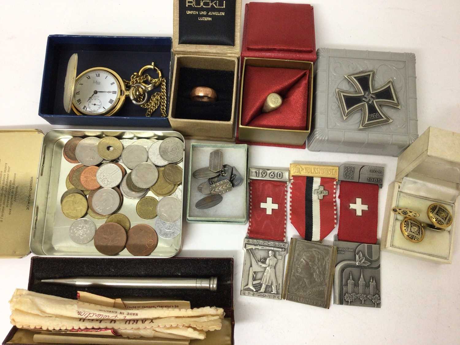 Lot 70 - Group costume jewellery and bijouterie including gold ring (stamped 333), two pair of silver cufflinks, Nazi German Iron Cross, coins etc