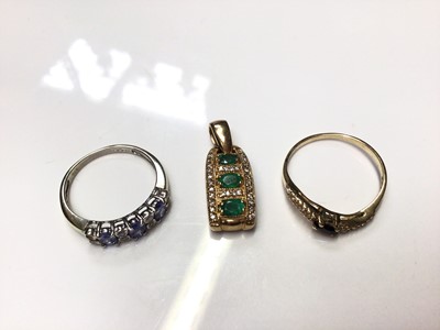 Lot 78 - 14ct gold synthetic emerald and diamond pendant, 14ct white gold diamond and tanzanite ring and 14ct god gem set ring