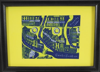Lot 1045 - *Grayson Perry (British, b.1960) 'Gentrification Cloth', textile created for charity 'Shelter' to support people suffering from homelessness, 14.5cm x 19cm, framed.