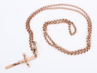 Lot 500 - 9ct rose gold crucifix pendant on a 9ct rose gold belcher link chain