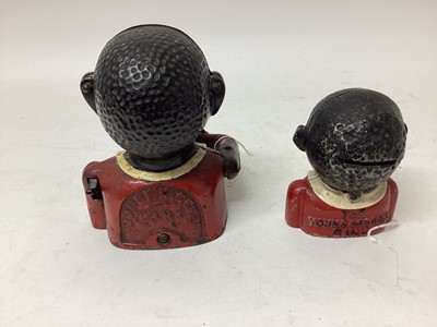 Lot 2421 - Early 20th century cast iron mechanical novelty money box/bank in the form of a gentleman in a red jacket with white collar, moveable arm, tongue and eyes, base plate missing, 17cm overall height,...