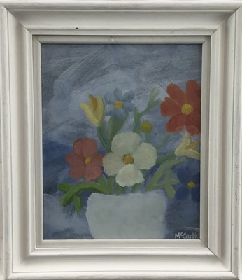Lot 65 - Peter McCarthy oil on card - 'Mixed flowers in a white vase I', signed, 22cm x 28cm, in glazed frame (33cm x 38cm overall)