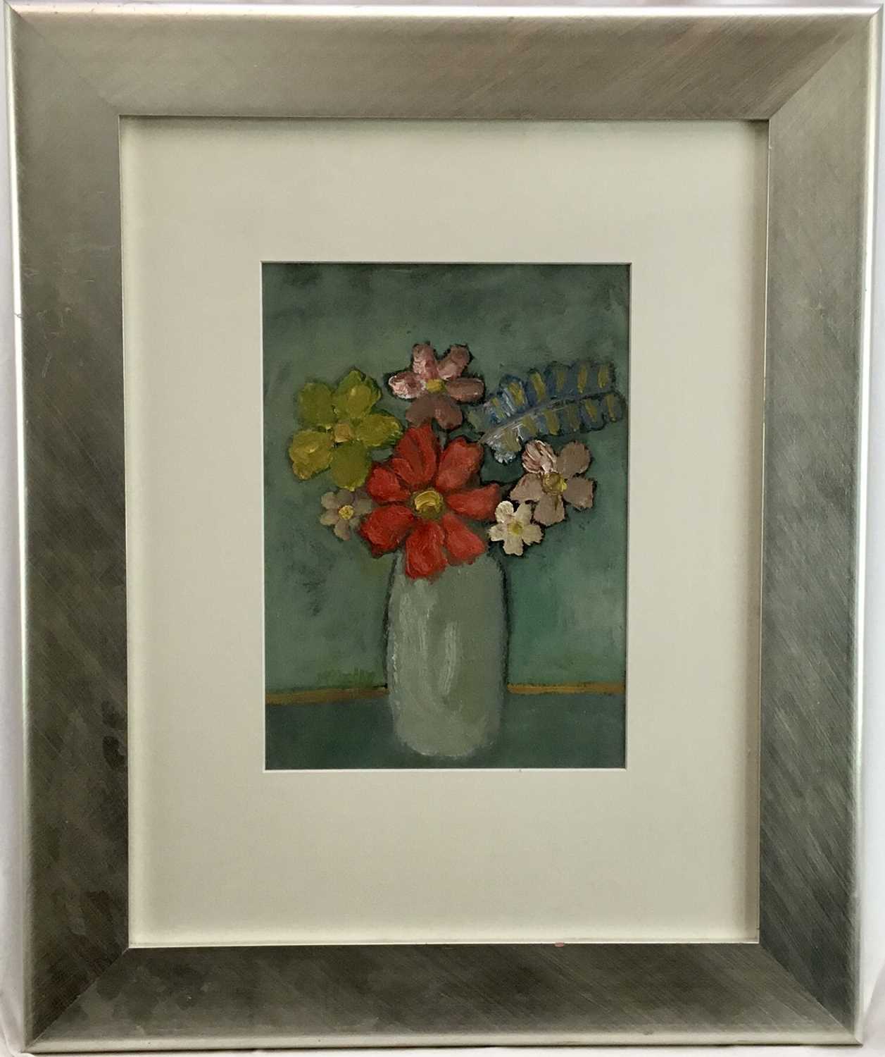 Lot 62 - Peter McCarthy oil on paper - 'Mixed flowers in a vase', signed, titled verso, 23cm x 32cm, mounted in glazed silver painted frame (54cm x 65cm overall)
