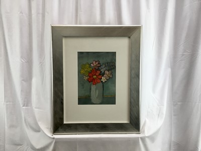 Lot 62 - Peter McCarthy oil on paper - 'Mixed flowers in a vase', signed, titled verso, 23cm x 32cm, mounted in glazed silver painted frame (54cm x 65cm overall)