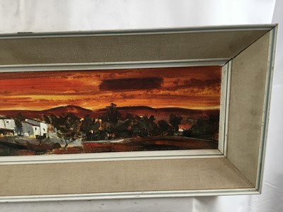 Lot 94 - Michael D Barnfather (born 1934) - oil on board - panoramic landscape at sunset - 'Near Sonserve, Mallorca' 15cm x 60cm