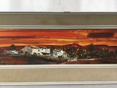 Lot 94 - Michael D Barnfather (born 1934) - oil on board - panoramic landscape at sunset - 'Near Sonserve, Mallorca' 15cm x 60cm